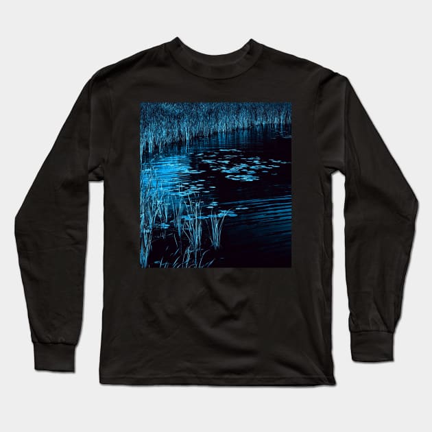 Rushes & Lily Pads (blue) Long Sleeve T-Shirt by photoclique